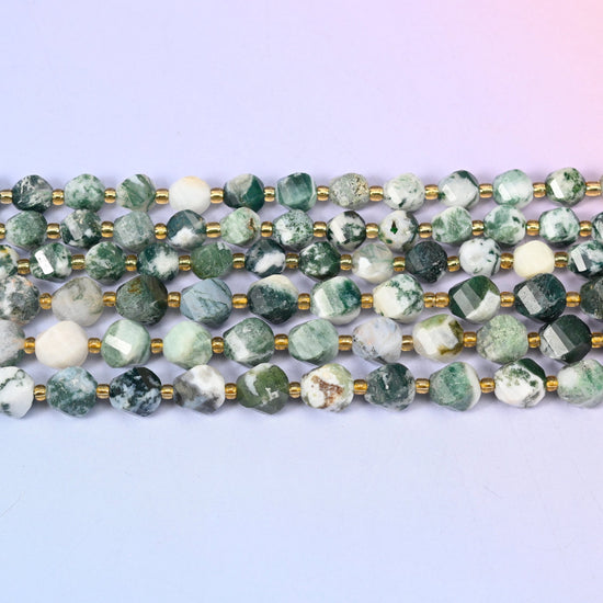 Tree Agate beads in milky white agate crossed by deep forest and moss green dendritic branching