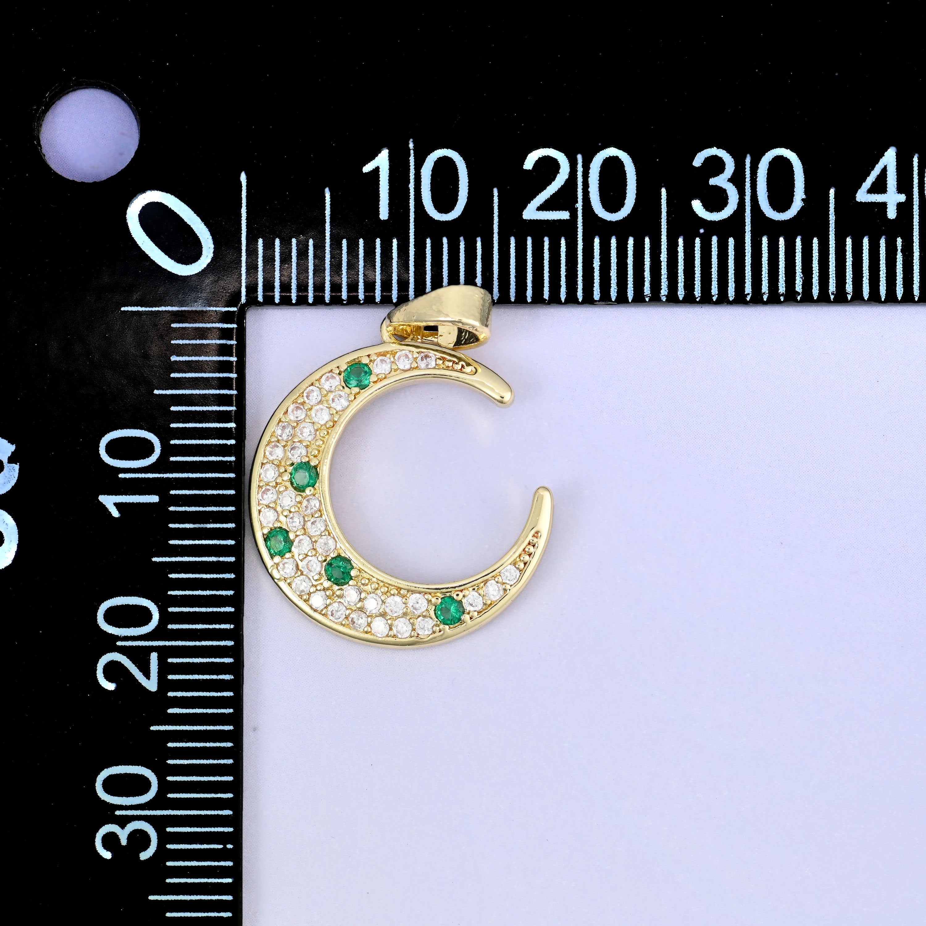 18K Gold Plated Brass Crescent Moon Charm Pendant with clear and green zircon pave accents