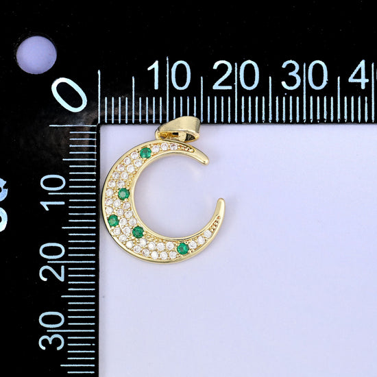 18K Gold Plated Brass Crescent Moon Charm Pendant with clear and green zircon pave accents
