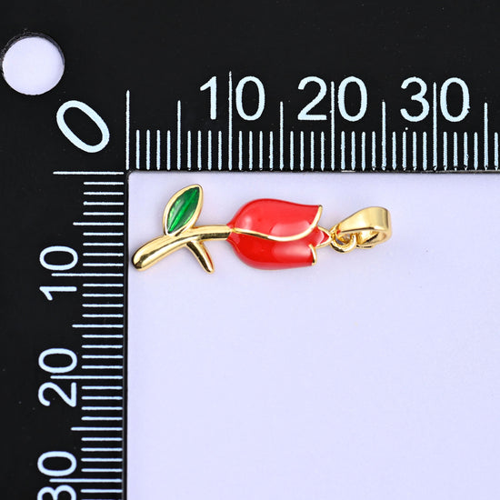 Enamel tulip charms, red 18K gold plated flower pendant shown from the side with its flat fold-over bail