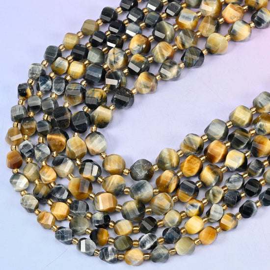 Dream Tiger Eye faceted spiral twist beads, 15 inch strand