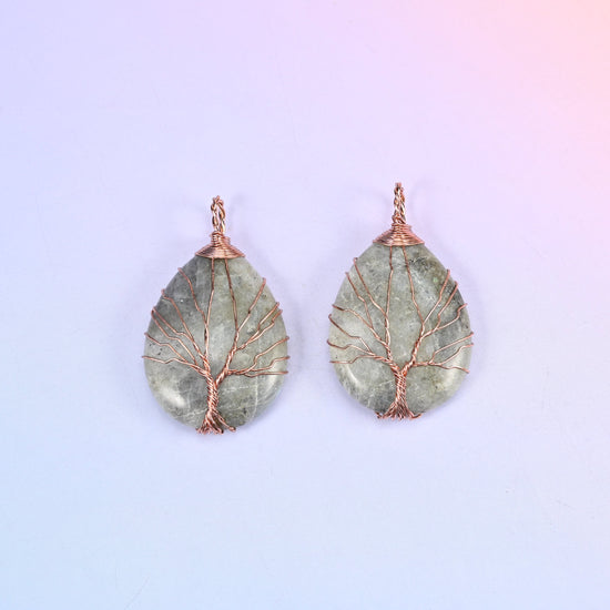 Teardrop Crystal Pendant with Copper Wired Tree in grey-green moss agate, a pair with the cloudy mottling of the stone visible through the wire.