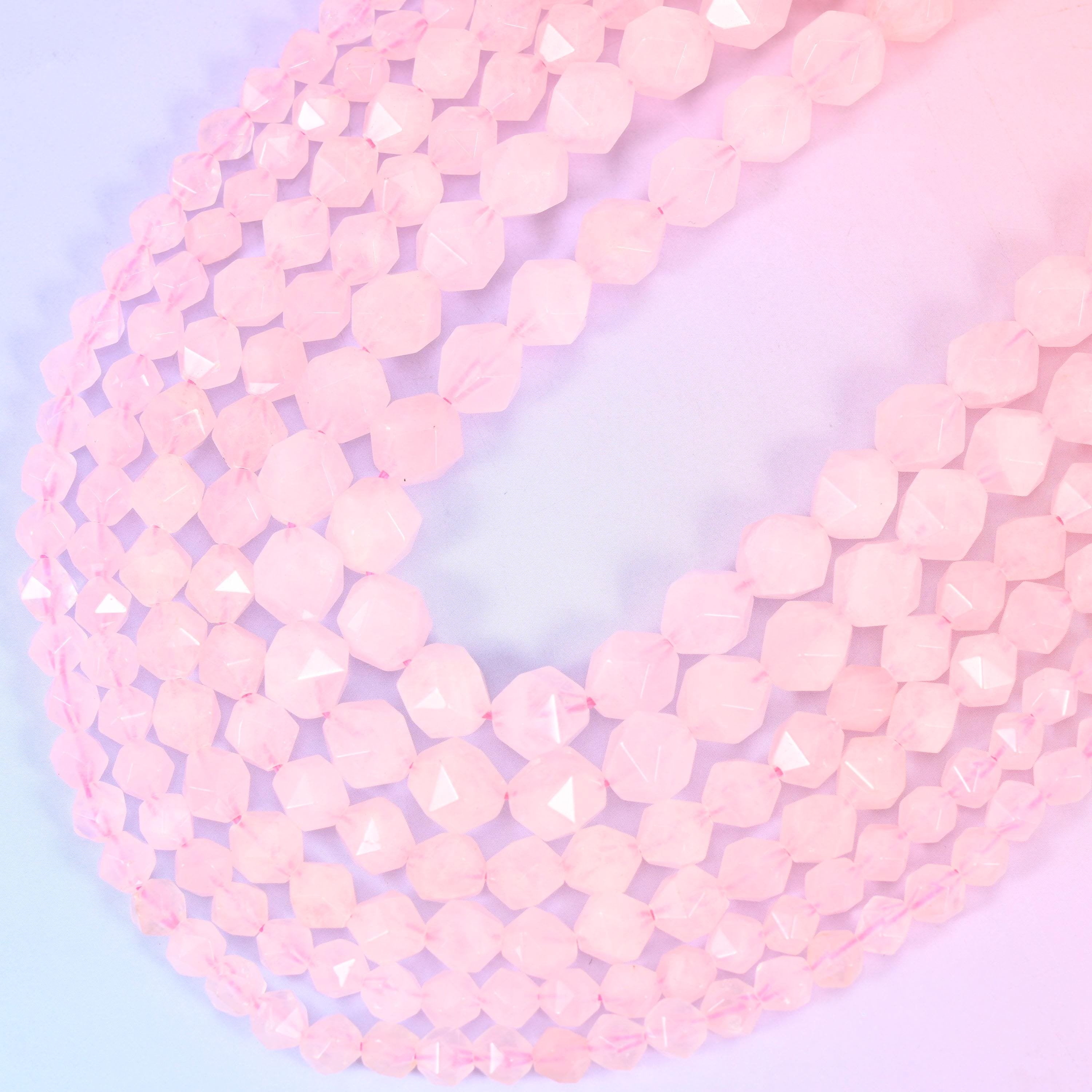 Rose Quartz Faceted Diamond Star Cut Beads, 15.5 inch strand
