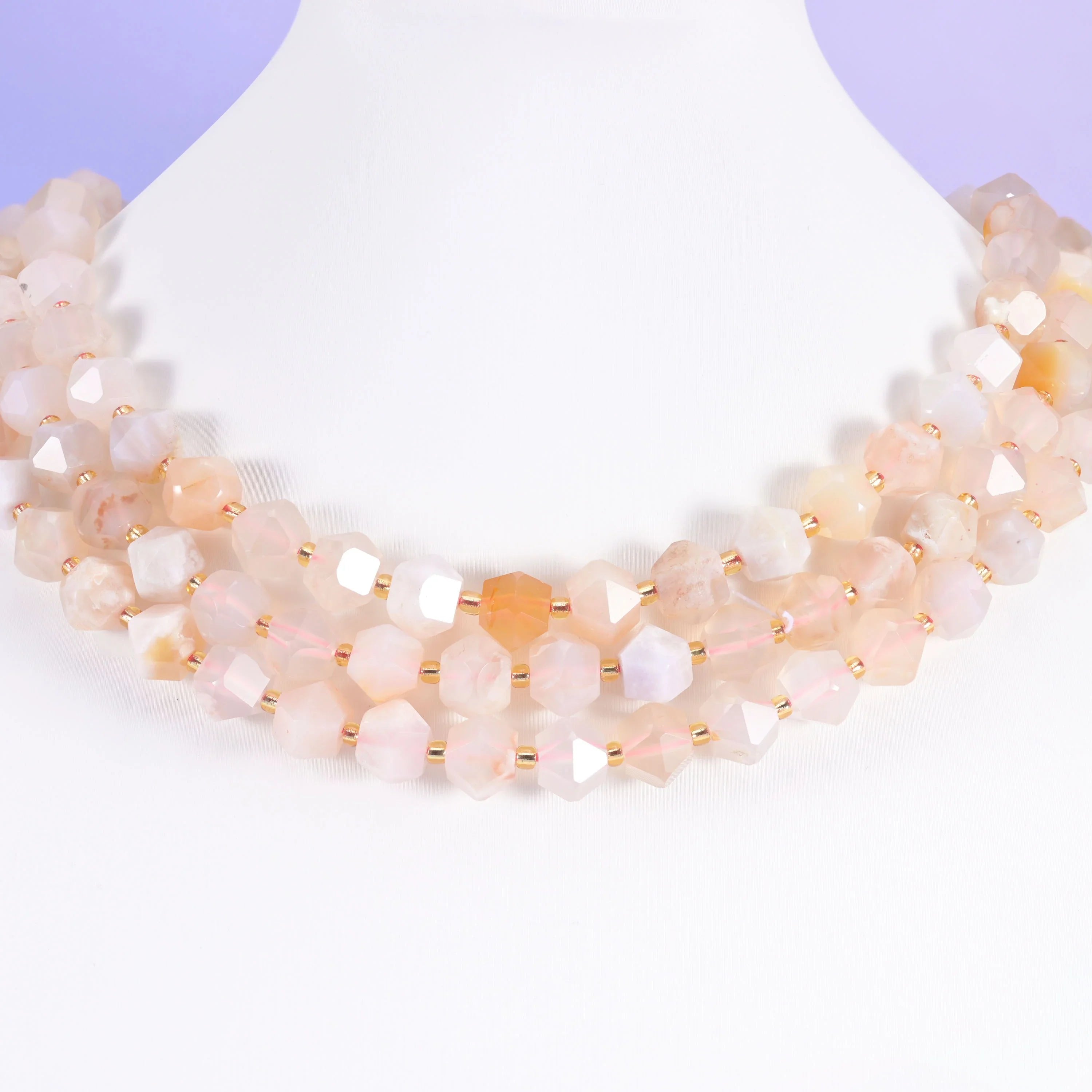 Faceted Diamond Cut Gemstone Beads as a focal strand in a beaded design.