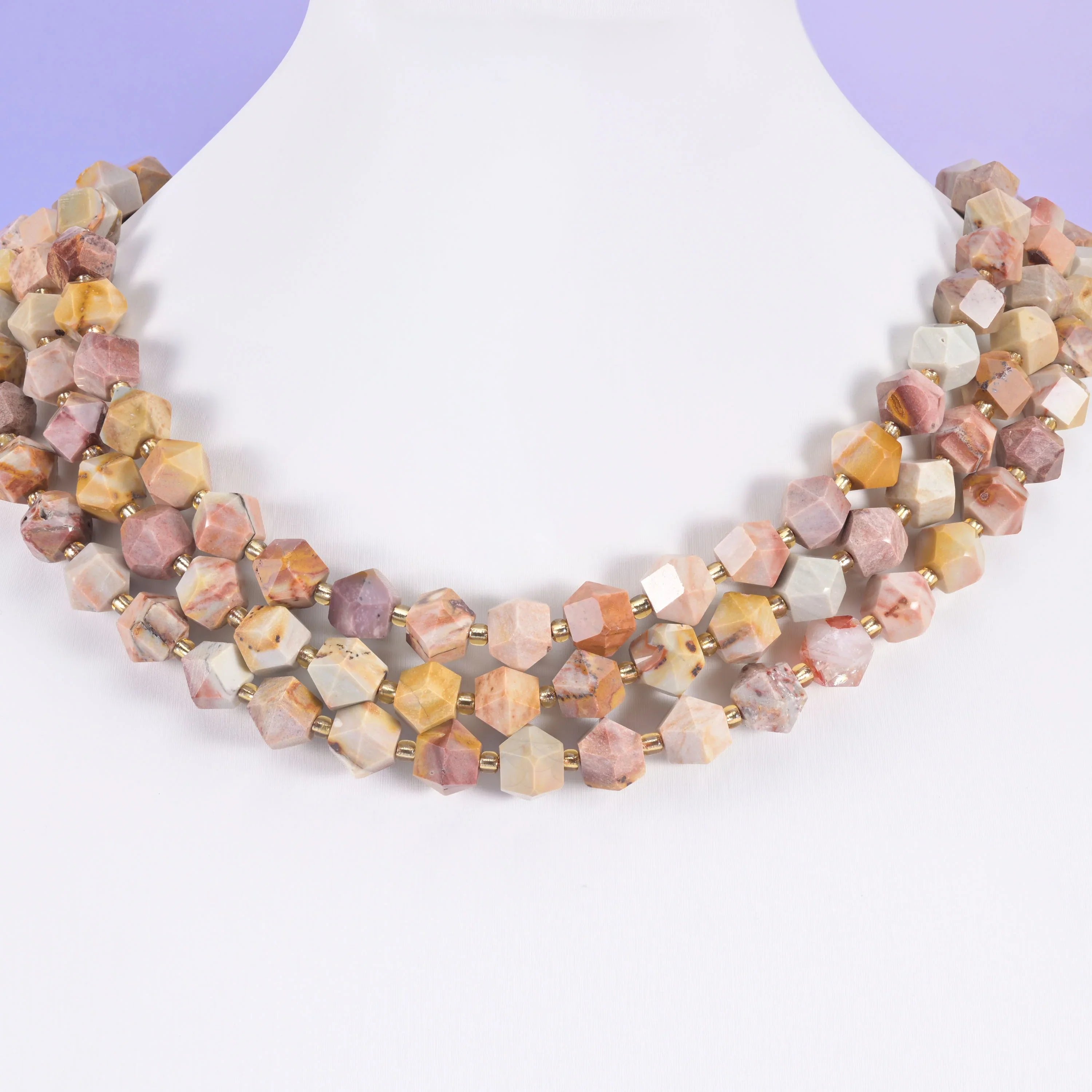 Diamond Cut Gemstone Beads, stone choices include sakura agate and silver obsidian.