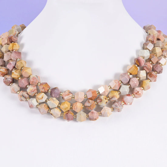 Diamond Cut Gemstone Beads, stone choices include sakura agate and silver obsidian.