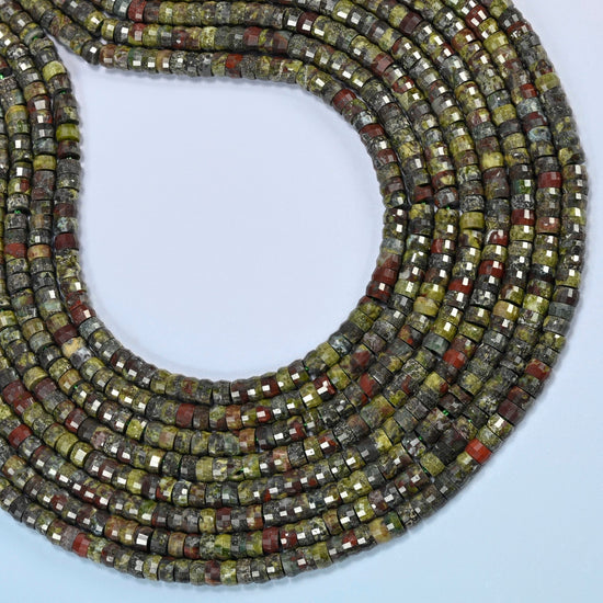 Dragon blood stone faceted heishi disc beads curved into an open loop, olive green and brick red beads