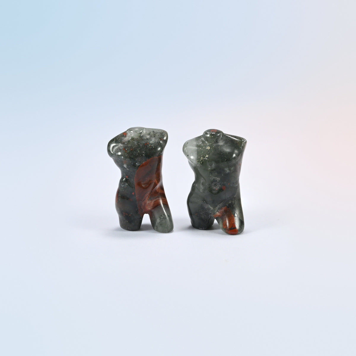 Two natural African bloodstone male goddess torso carvings, 1.3 inch, gray-green with red