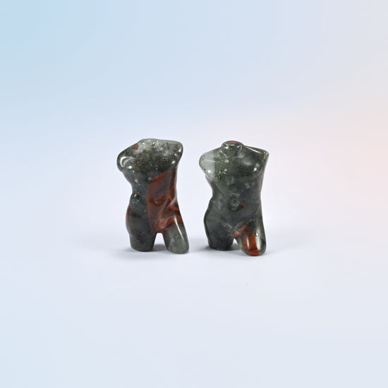 Two natural African bloodstone male goddess torso carvings, 1.3 inch, gray-green with red