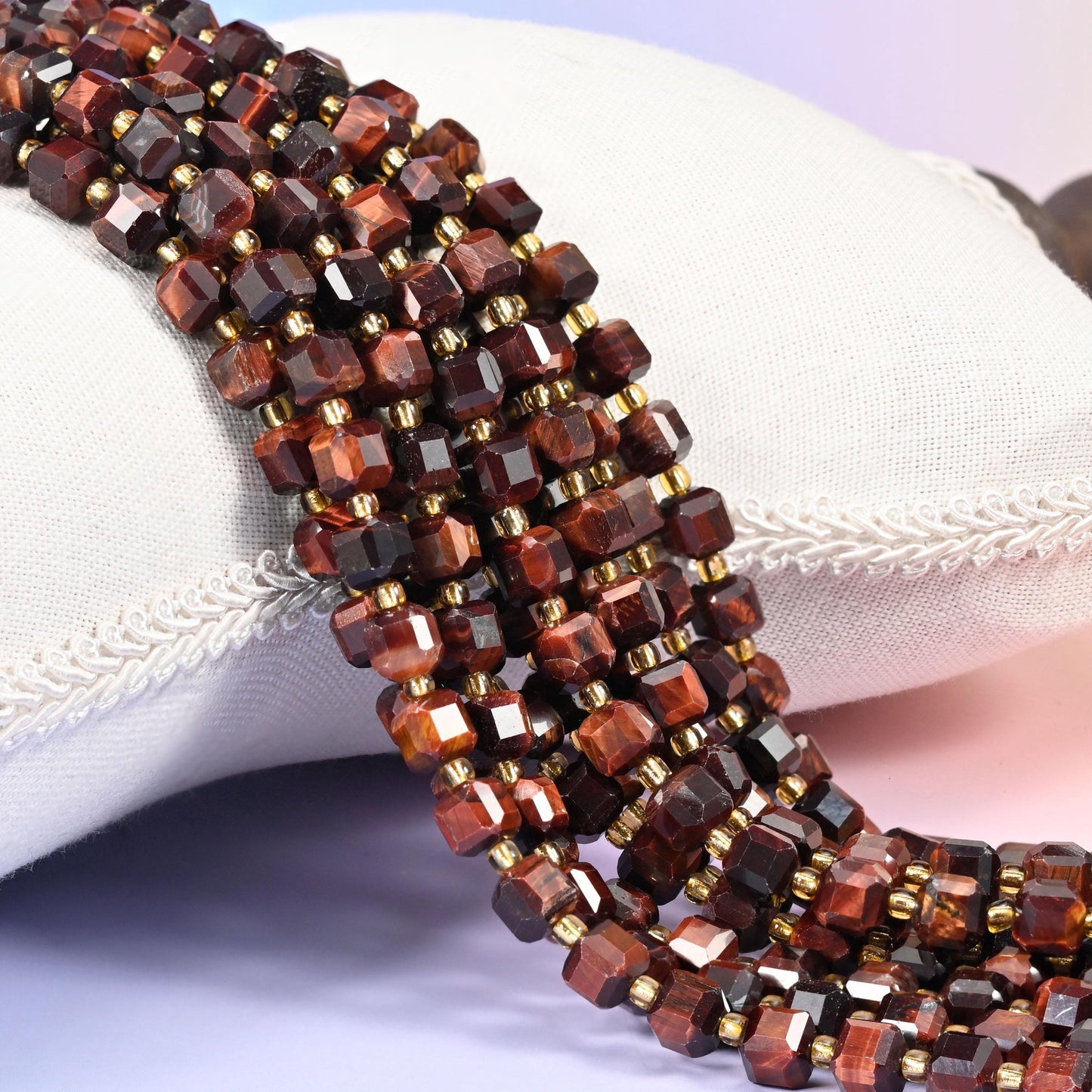 Red Tiger Eye Faceted Cube Beads, natural stone with silky fibrous sheen