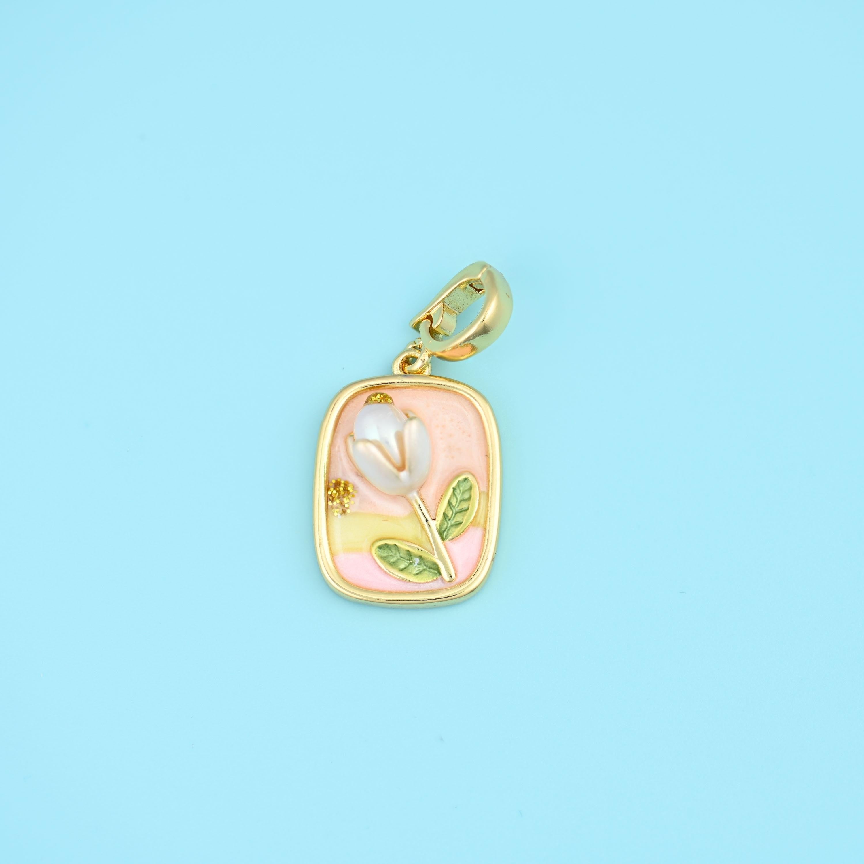 Rectangle Tulip Flower Pendant 20.51x14.55mm in pale pink and cream enamel with a white tulip and green leaves