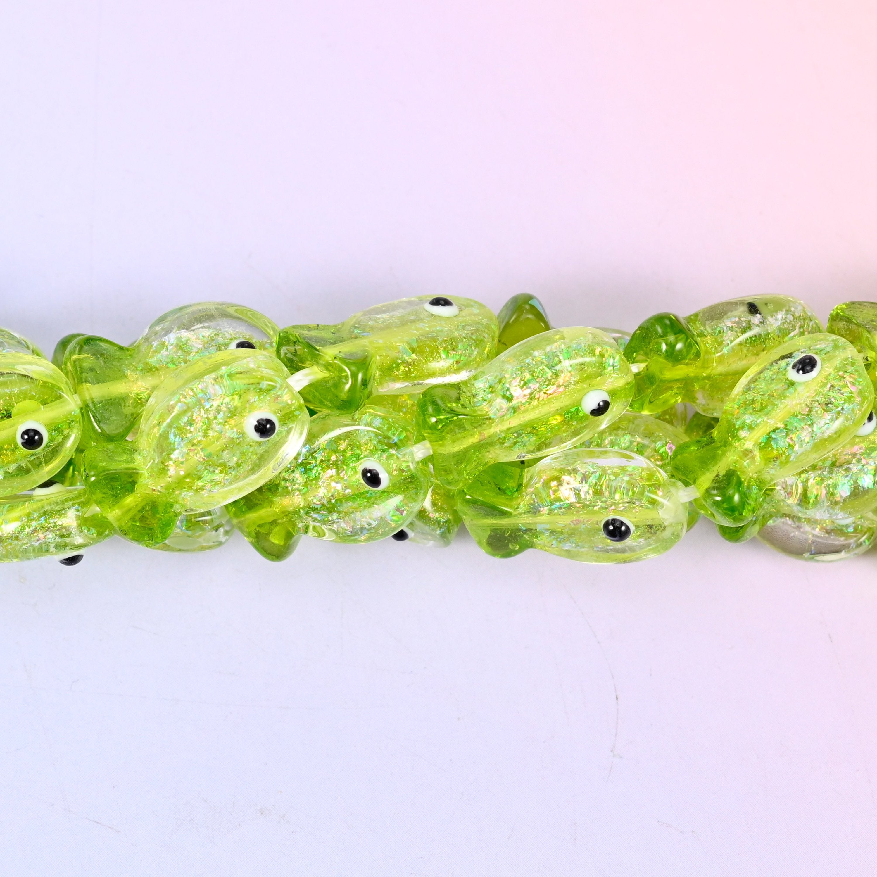 Iridescent Lime Green Fish Glass Beads, 20 beads per strand