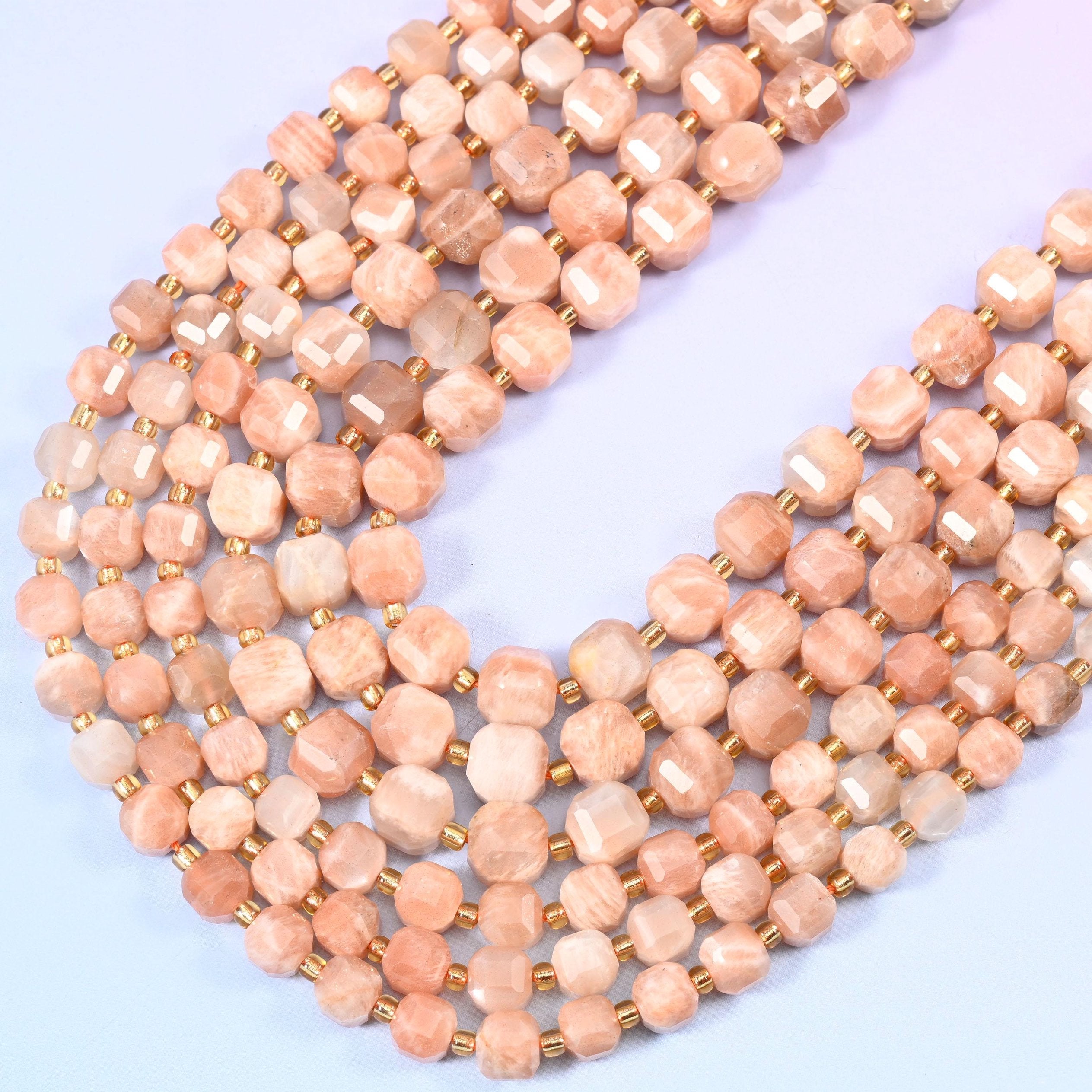 Peach Moonstone Faceted Cube Beads, 15 inch strand