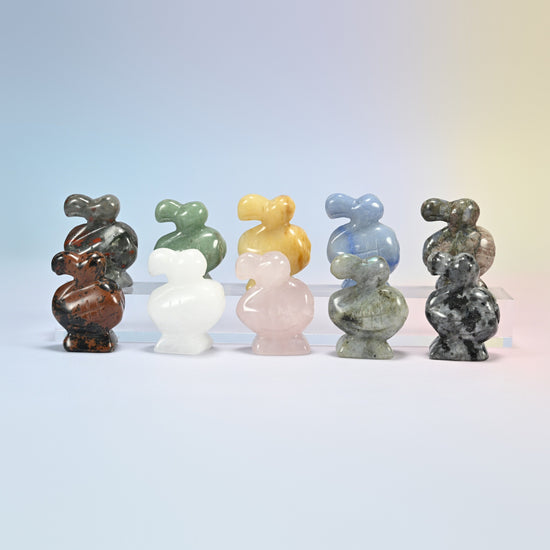 Ten 1.5 inch dodo bird crystal carvings in two rows, natural African bloodstone, green aventurine, yellow jade, blue aventurine, labradorite, white jade and rose quartz