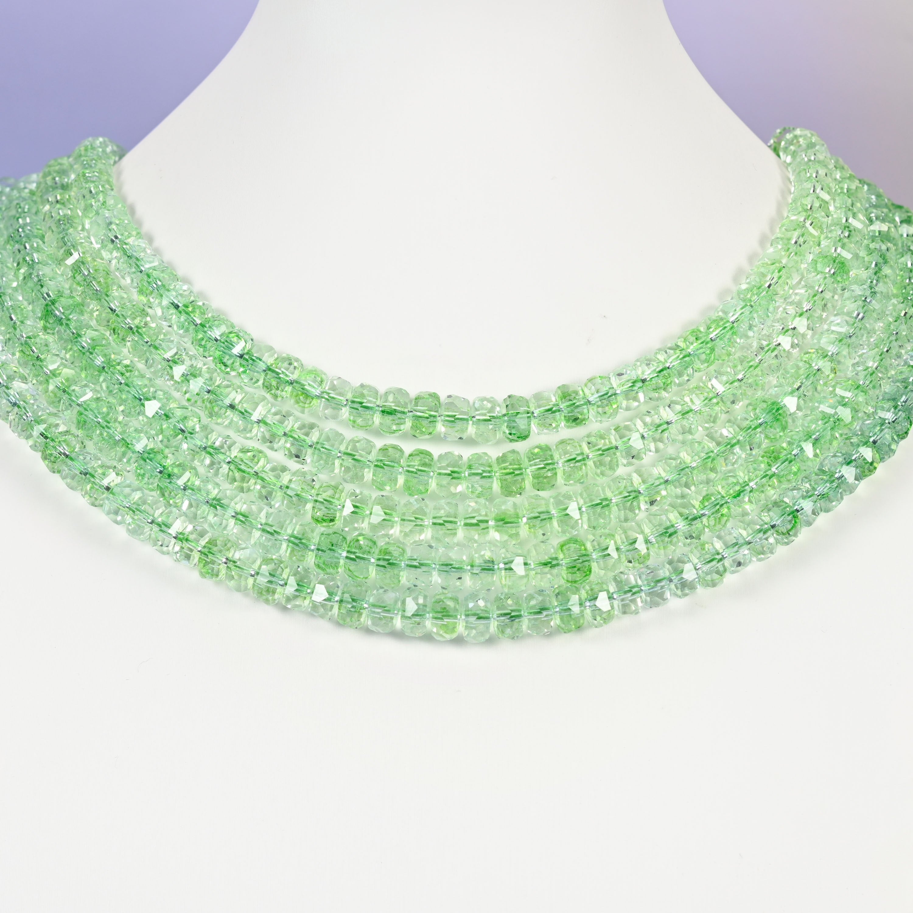 Transparent green glass beads, faceted rondelle shape, 5x8mm