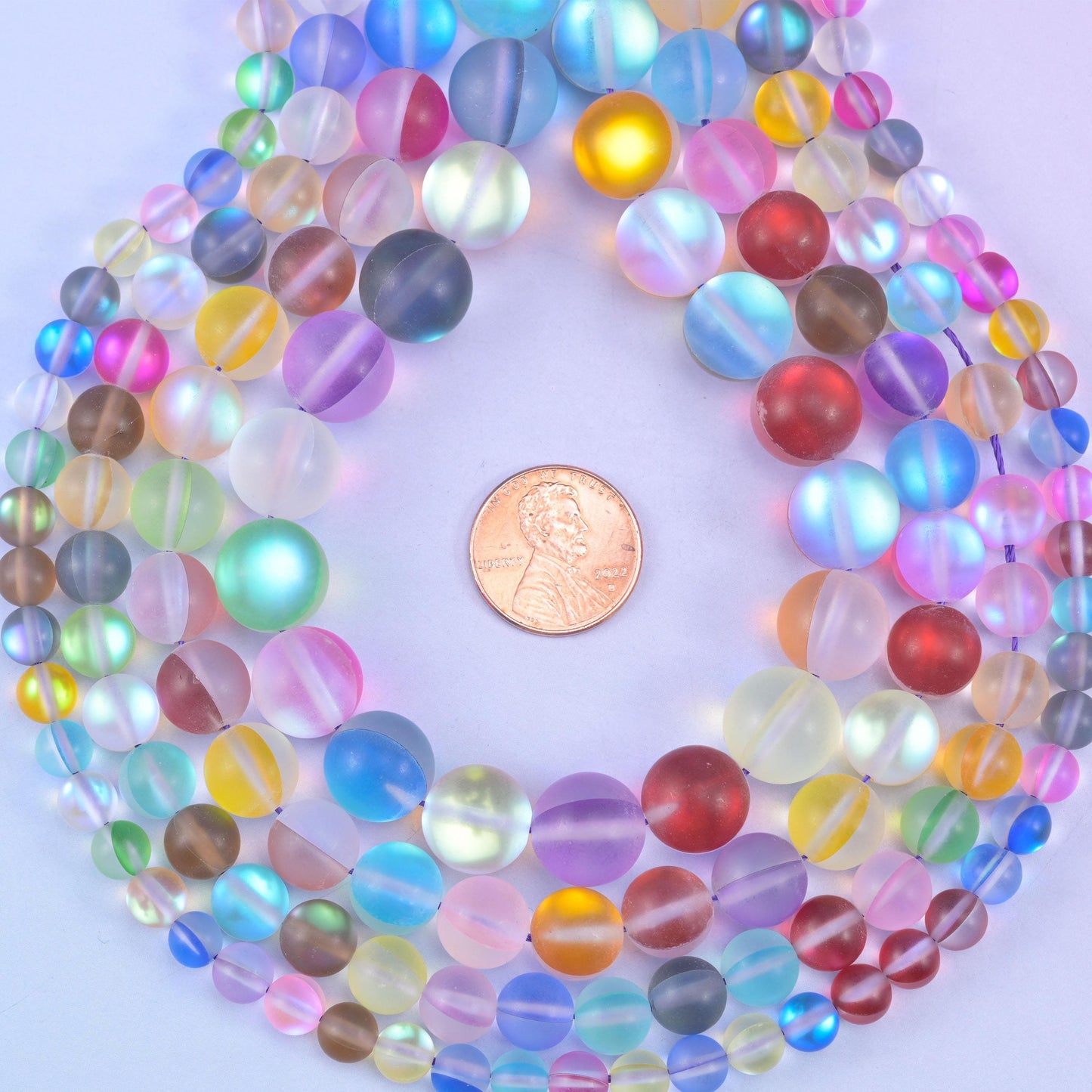 Rainbow aura round glass beads, man-made, frosted sea-glass finish in mixed pastel and jewel tones