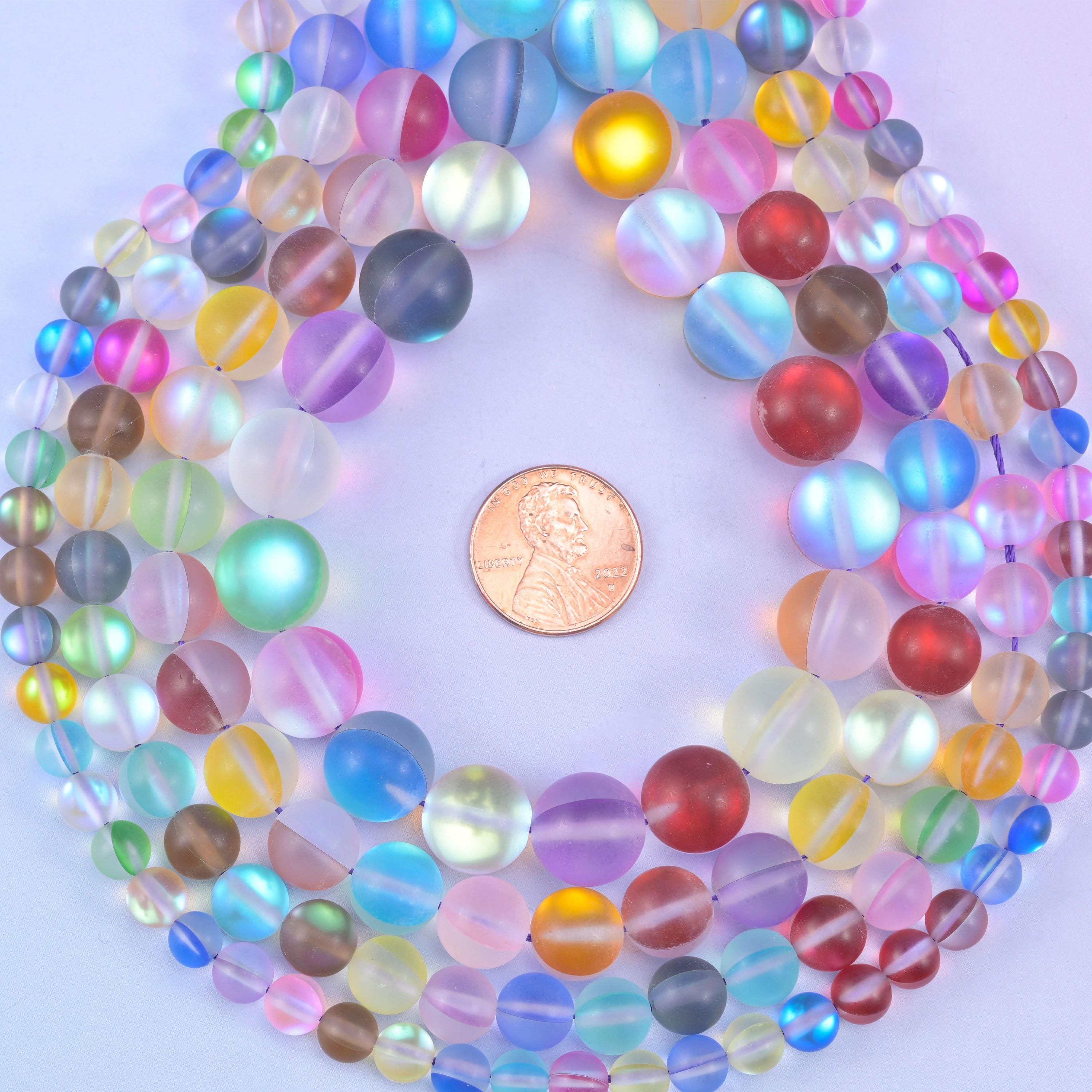 Rainbow aura round glass beads, man-made, frosted sea-glass finish in mixed pastel and jewel tones