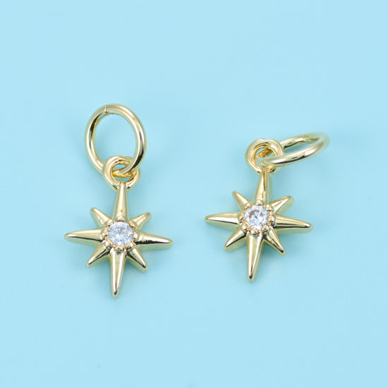 Eight-point north star cut brass, 18k gold filled, set beads