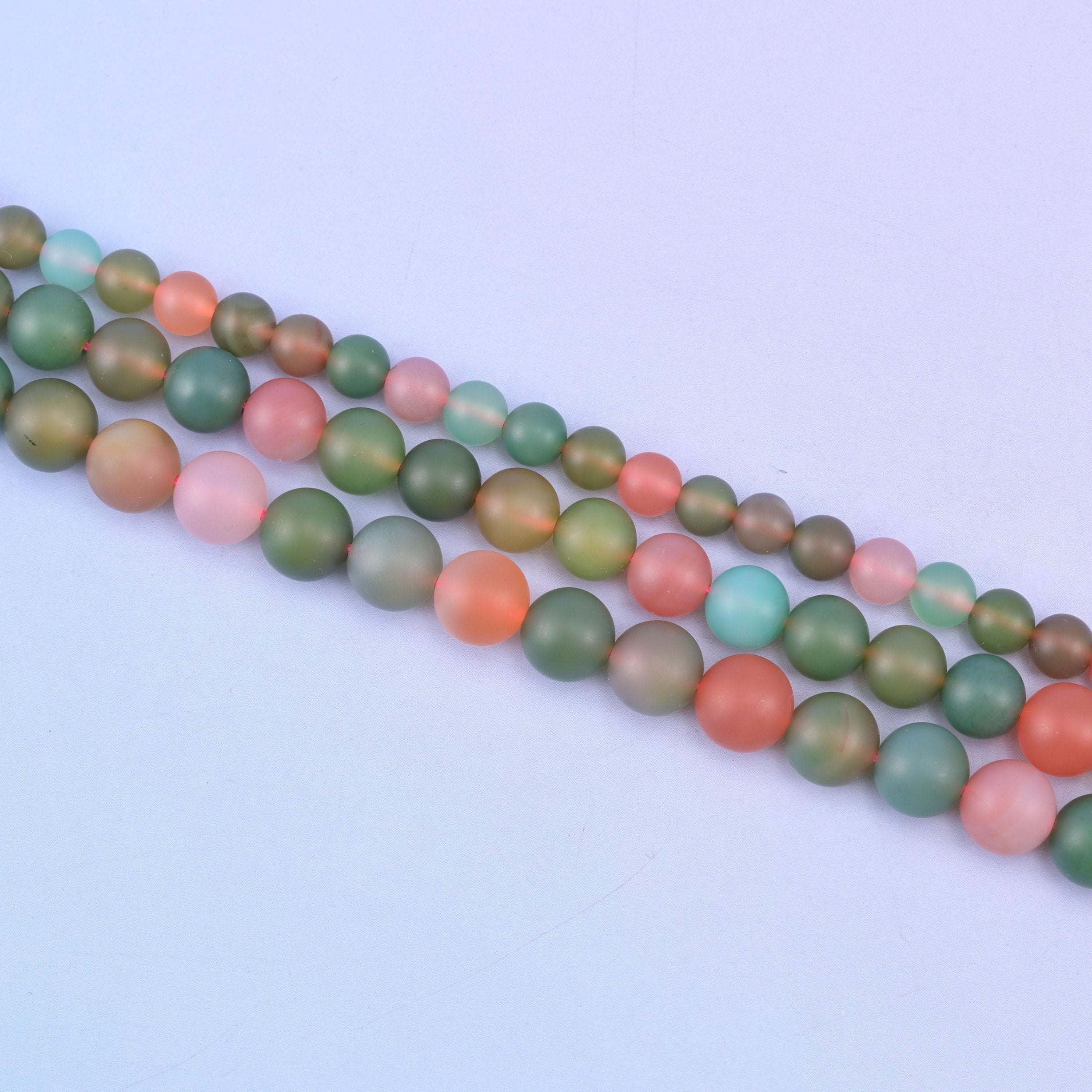 Green Yanyuan Agate Matte Round Beads in muted olive, coral, aqua and cream