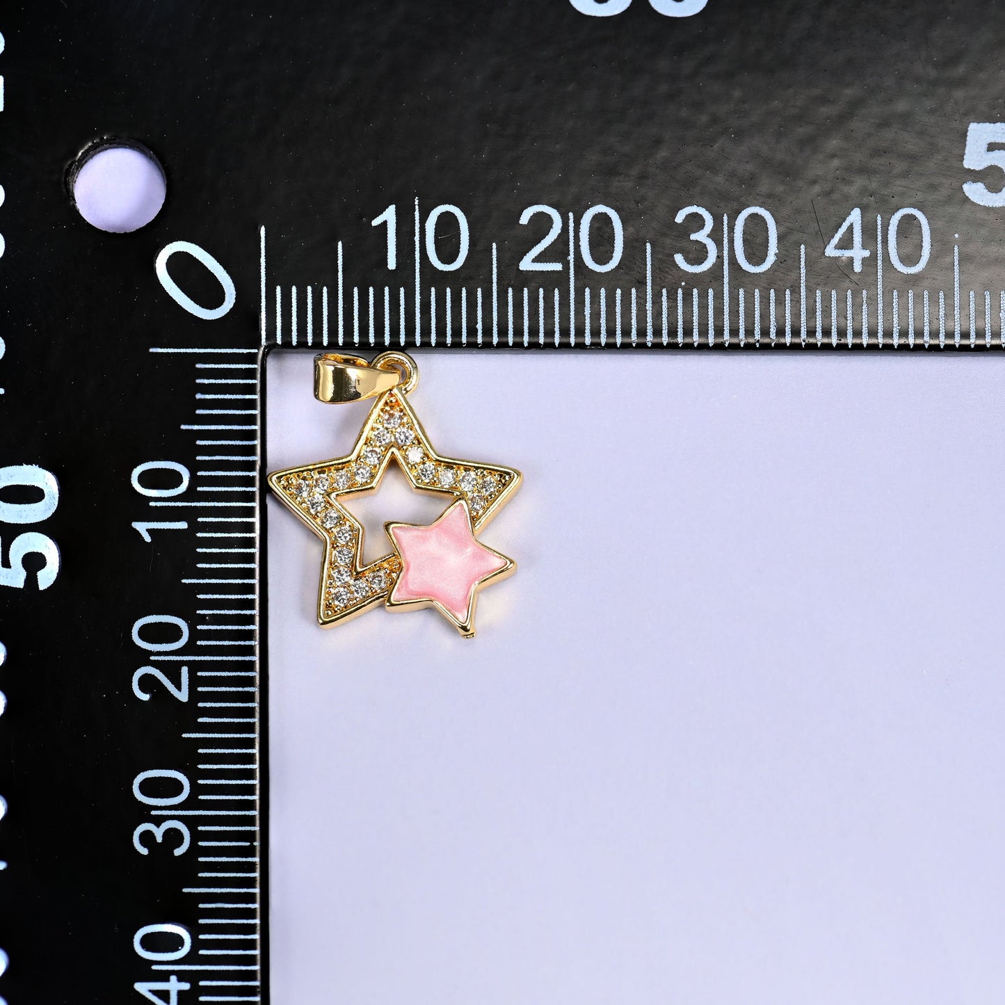 18K Gold Plated Brass Double Star Charm Pendant with a clear zircon pave outer star and a shell inner star