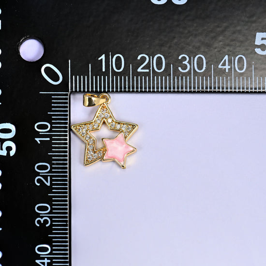 18K Gold Plated Brass Double Star Charm Pendant with a clear zircon pave outer star and a shell inner star