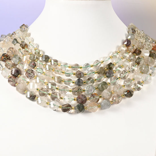 Green Phantom Quartz beads, spiral twist shape, 8mm and 10mm