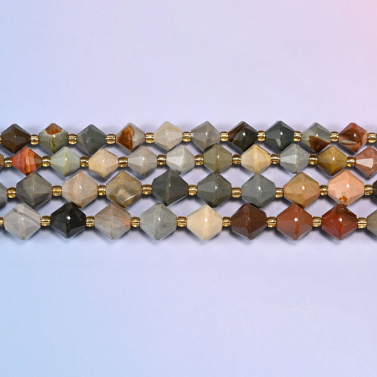 A single straight strand of American Picture Jasper faceted bicone beads, 8mm and 10mm, laid flat showing the full 15 inch length.