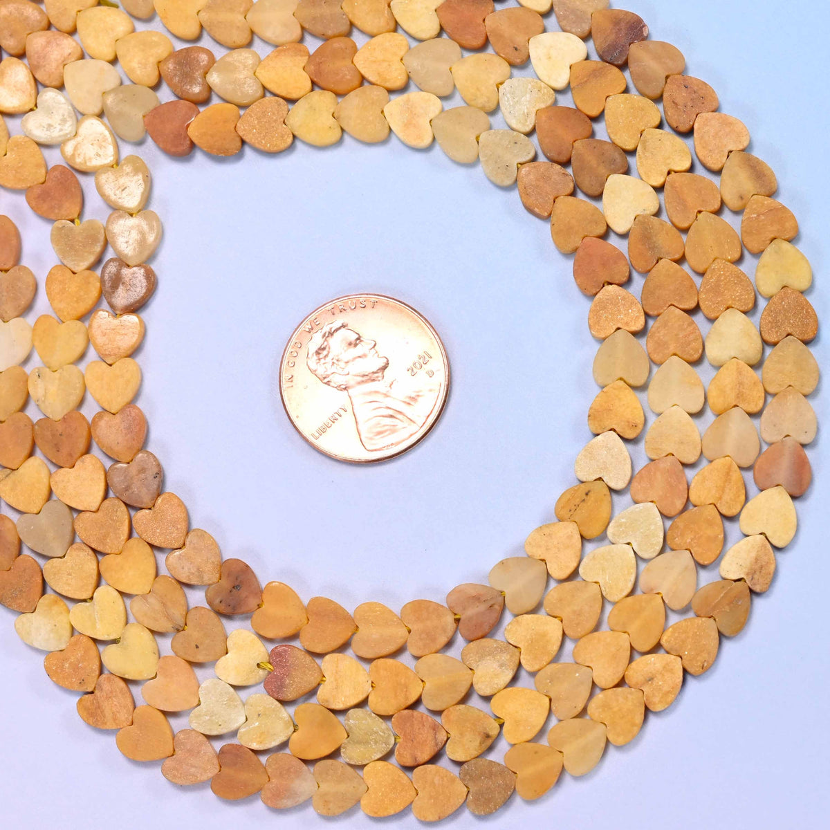 Matte Gold Silk Jade Flat Heart Beads, warm honey gold and butterscotch flat hearts with a soft matte surface