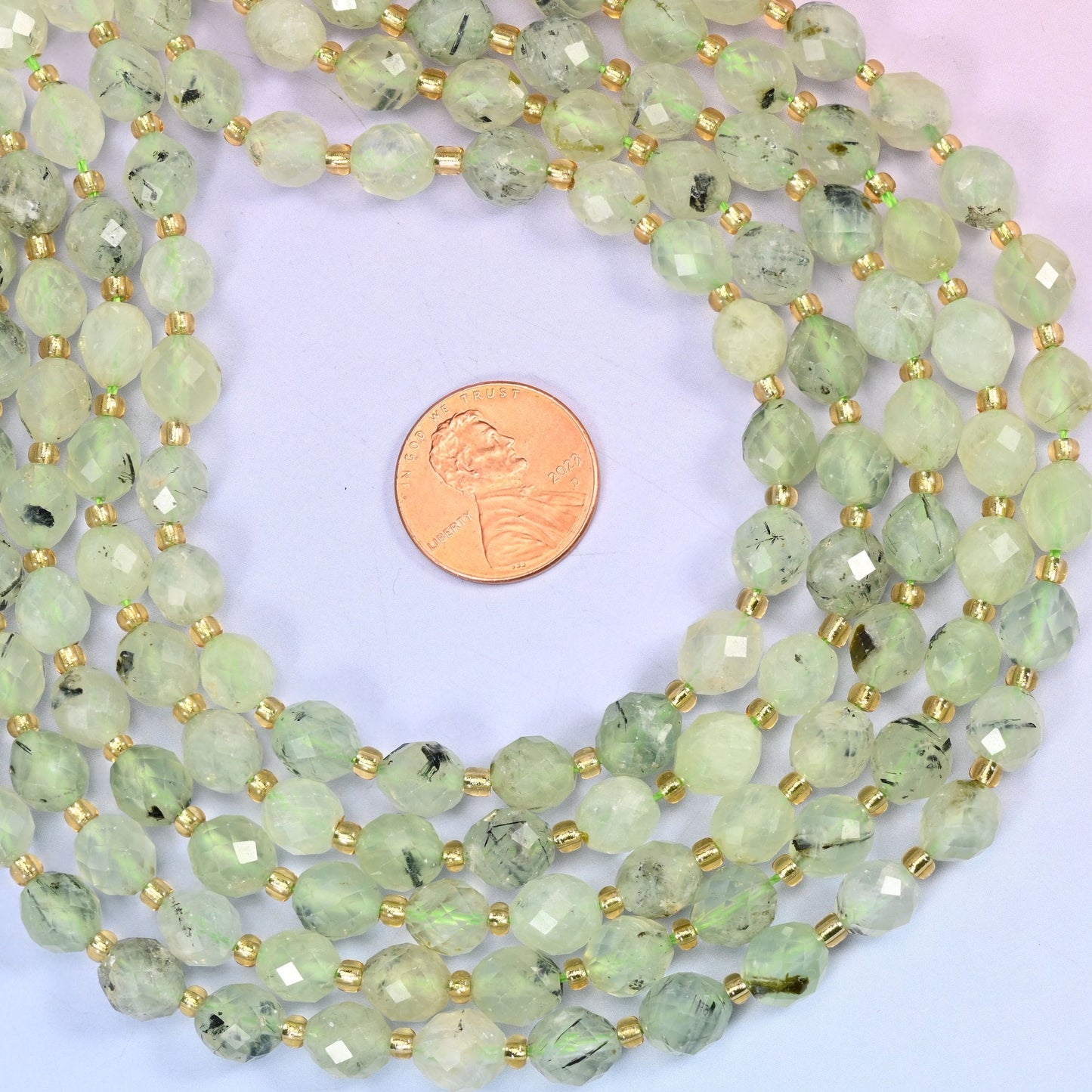 Prehnite rice barrel beads, approximately 39 beads per strand