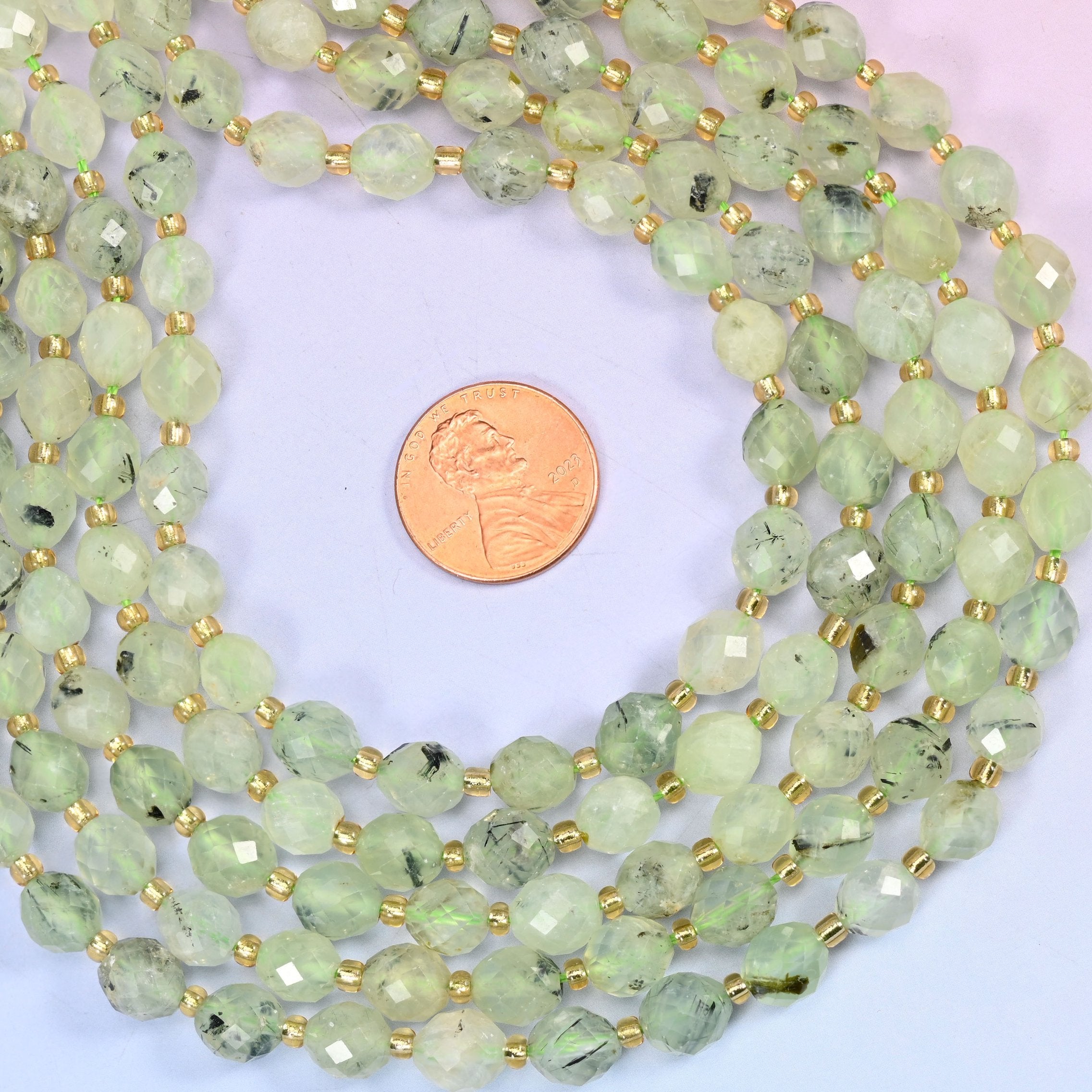 Prehnite rice barrel beads, approximately 39 beads per strand