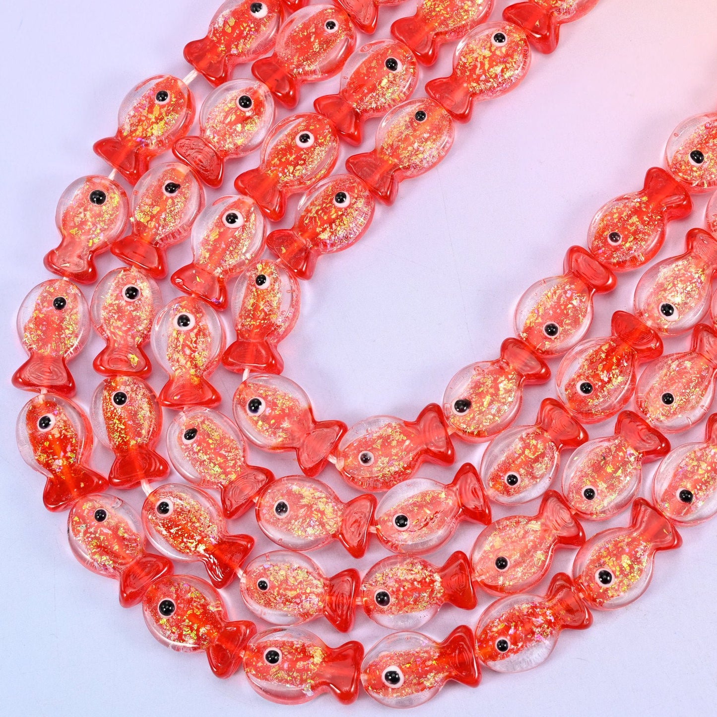 Red Glitter Fish Glass Beads, 15.5 inch strand
