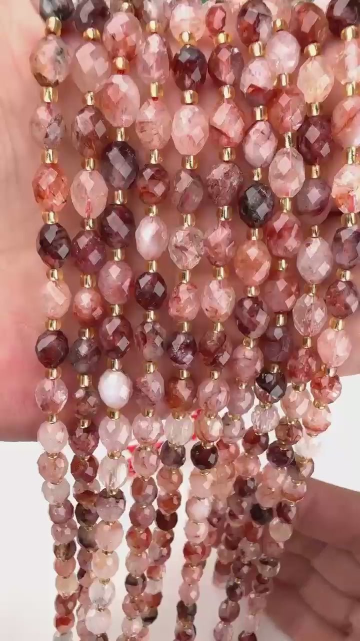 Red Hematoid Faceted Rice Barrel Beads, approximately 39 beads per strand