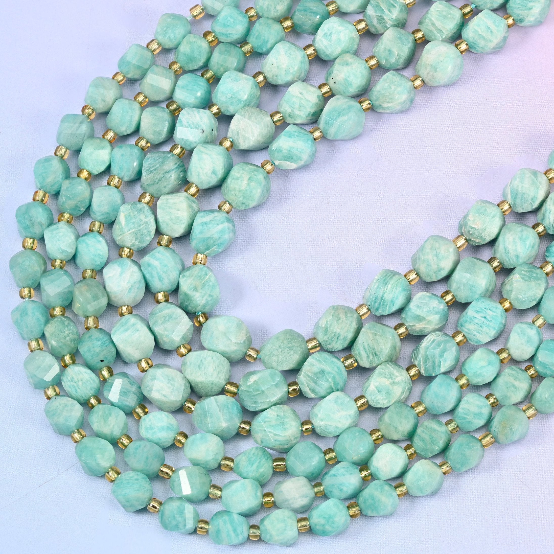 Green Amazonite Faceted Spiral Twist Beads, 15 inch strand