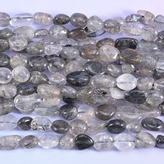 Black Rutilated Quartz Pebble Beads 6-8mm 8-12mm Jewelry Making 15.5" Strand