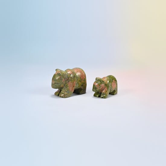 A 2 inch and a 1.5 inch unakite bear crystal carving, green and pink natural stone