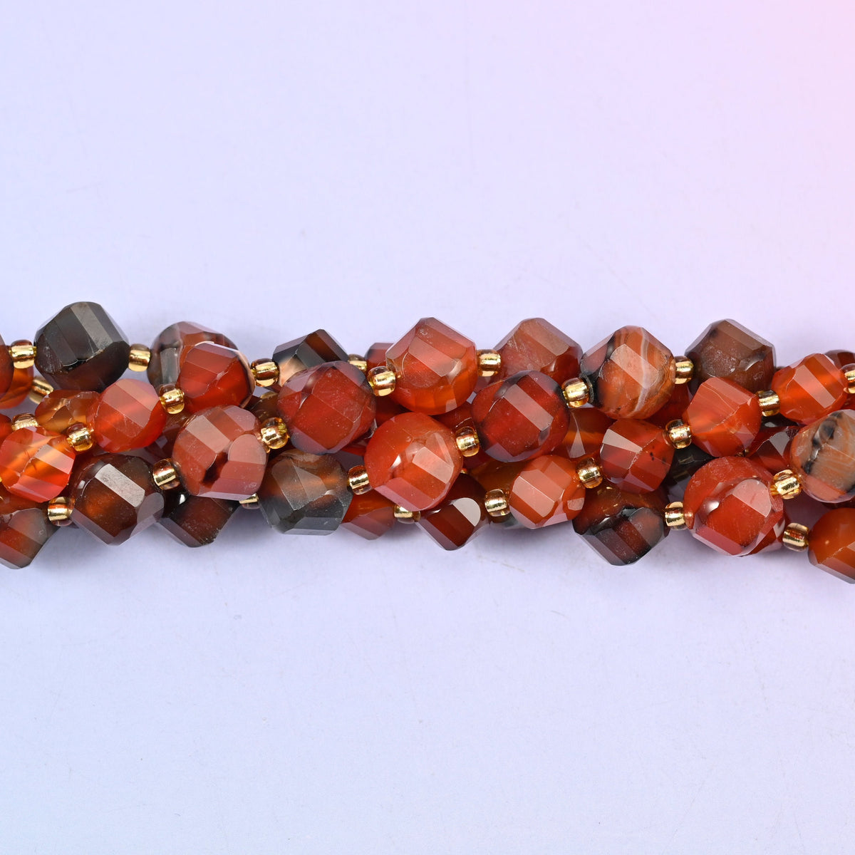 Red Agate Faceted Spiral Twist Beads, rust orange and brick red banded with cream, honey and dark chocolate brown