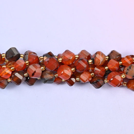 Red Agate Faceted Spiral Twist Beads, rust orange and brick red banded with cream, honey and dark chocolate brown