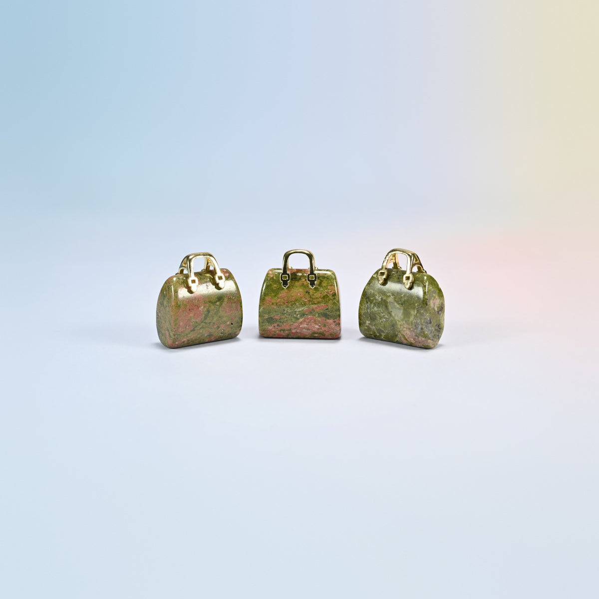 Three unakite purse crystal carvings, 1 inch, green and pink natural stone, gold-tone handle
