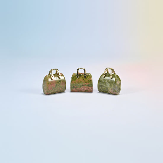 Three unakite purse crystal carvings, 1 inch, green and pink natural stone, gold-tone handle