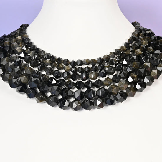 Gold Obsidian beads, diamond star cut, 6mm to 10mm