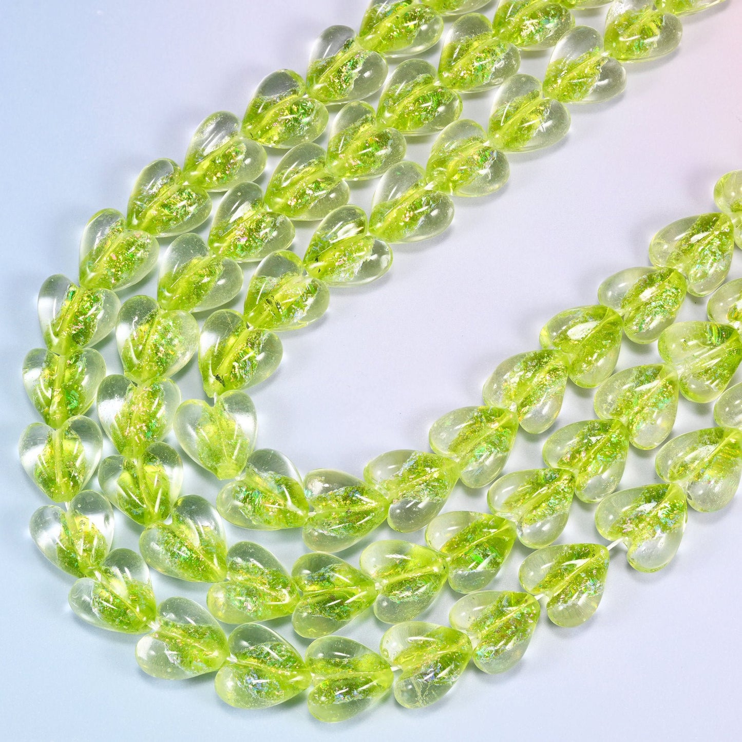 Iridescent Lime Green Heart Glass Beads, 11.5 inch strand