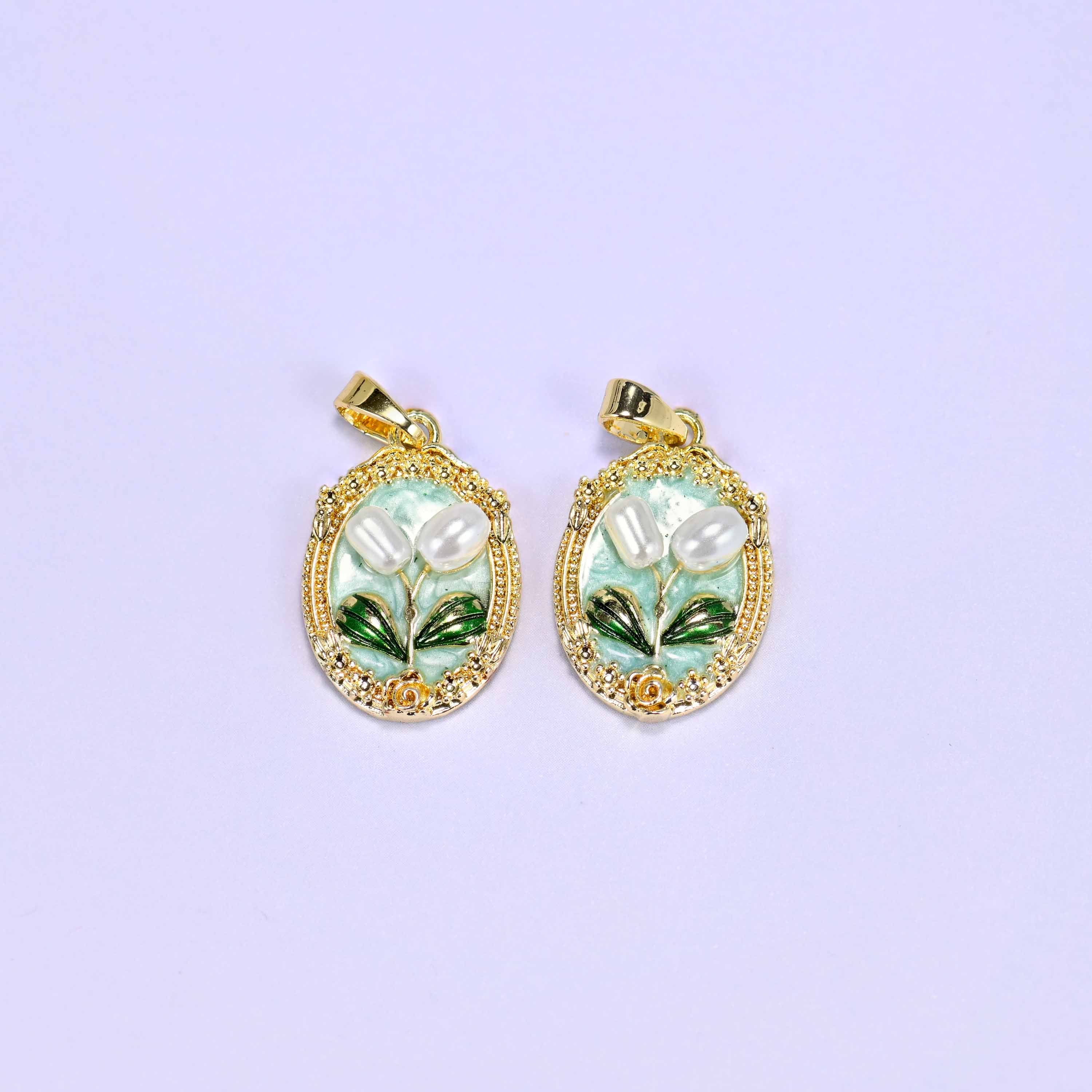 Enamel Oval Tulip Flower Pendants: 18K Gold Filled Charms, Jewelry Making Supply