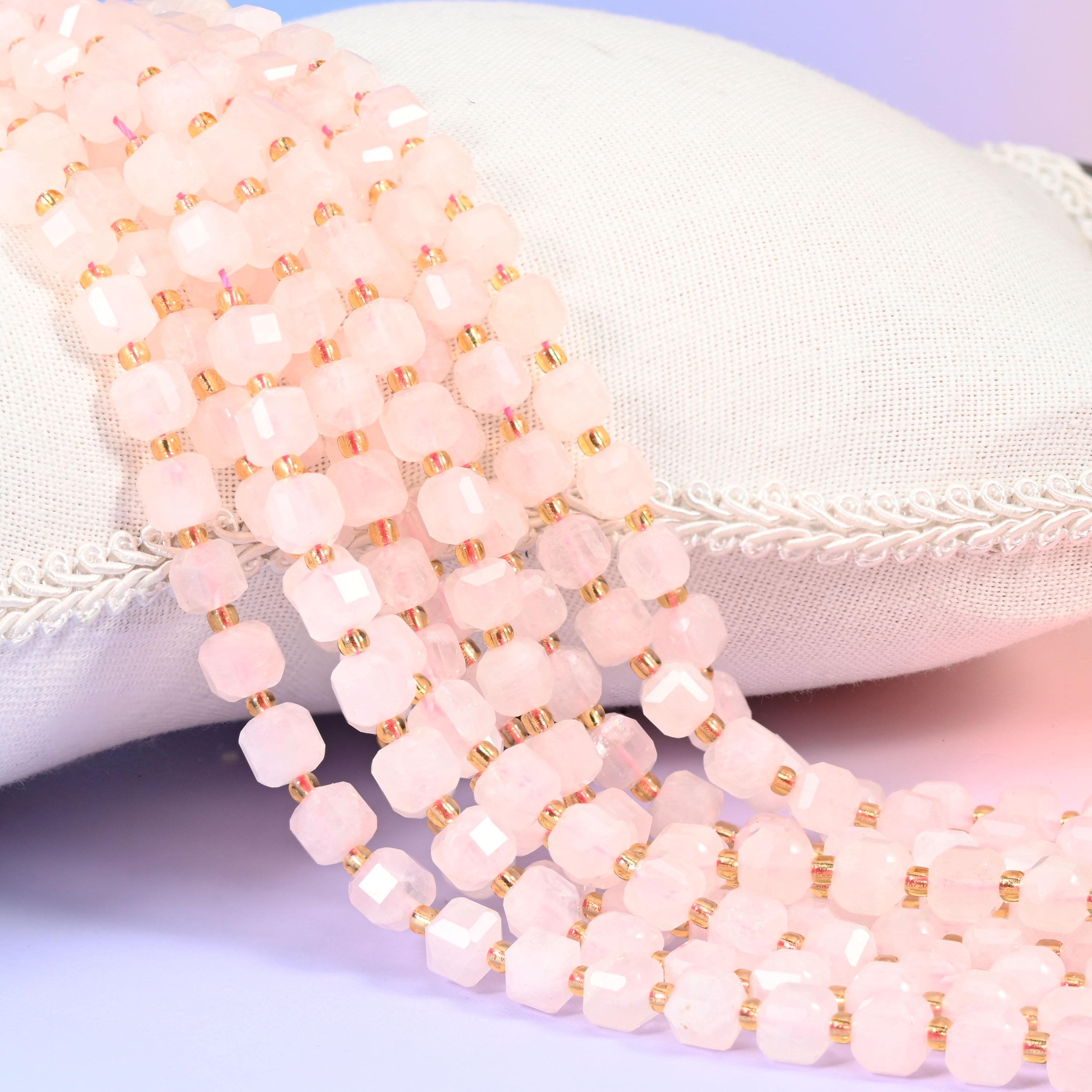 Rose Quartz Faceted Cube Beads, pale blush pink with milky cloud drifting through the centres