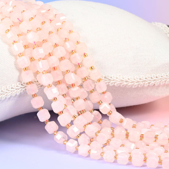 Rose Quartz Faceted Cube Beads, pale blush pink with milky cloud drifting through the centres
