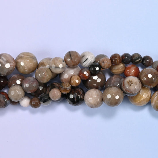 Petrified Wood Faceted Round Beads, hole 1.0mm to 1.2mm