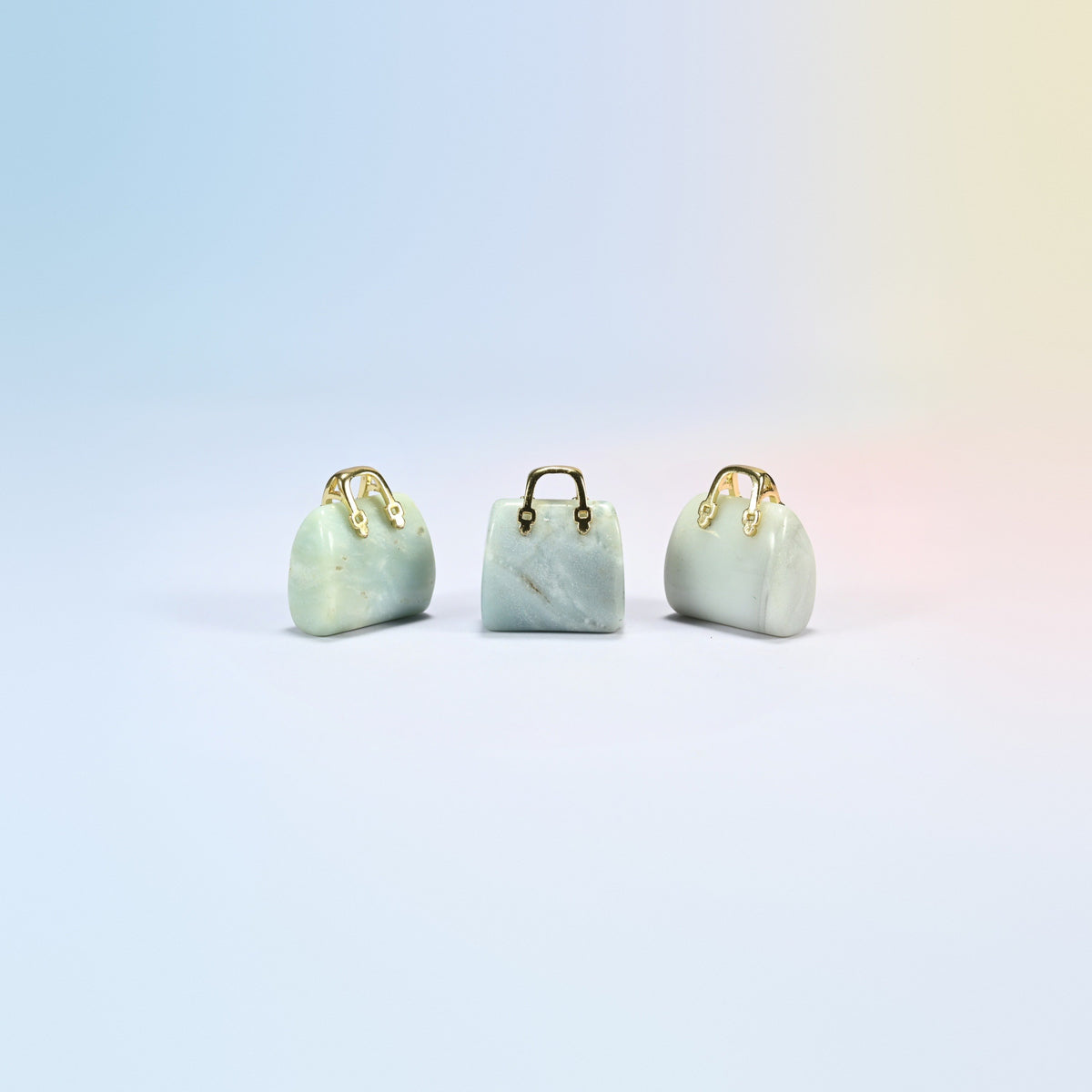 Three amazonite purse crystal carvings, 1 inch, light blue-green natural stone, gold-tone handle