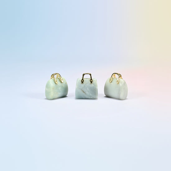 Three amazonite purse crystal carvings, 1 inch, light blue-green natural stone, gold-tone handle