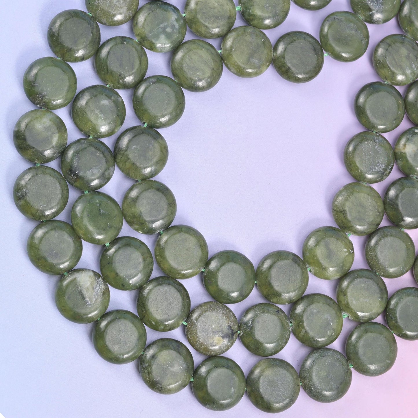 South Green Jade coin beads, approximately 26 beads per strand