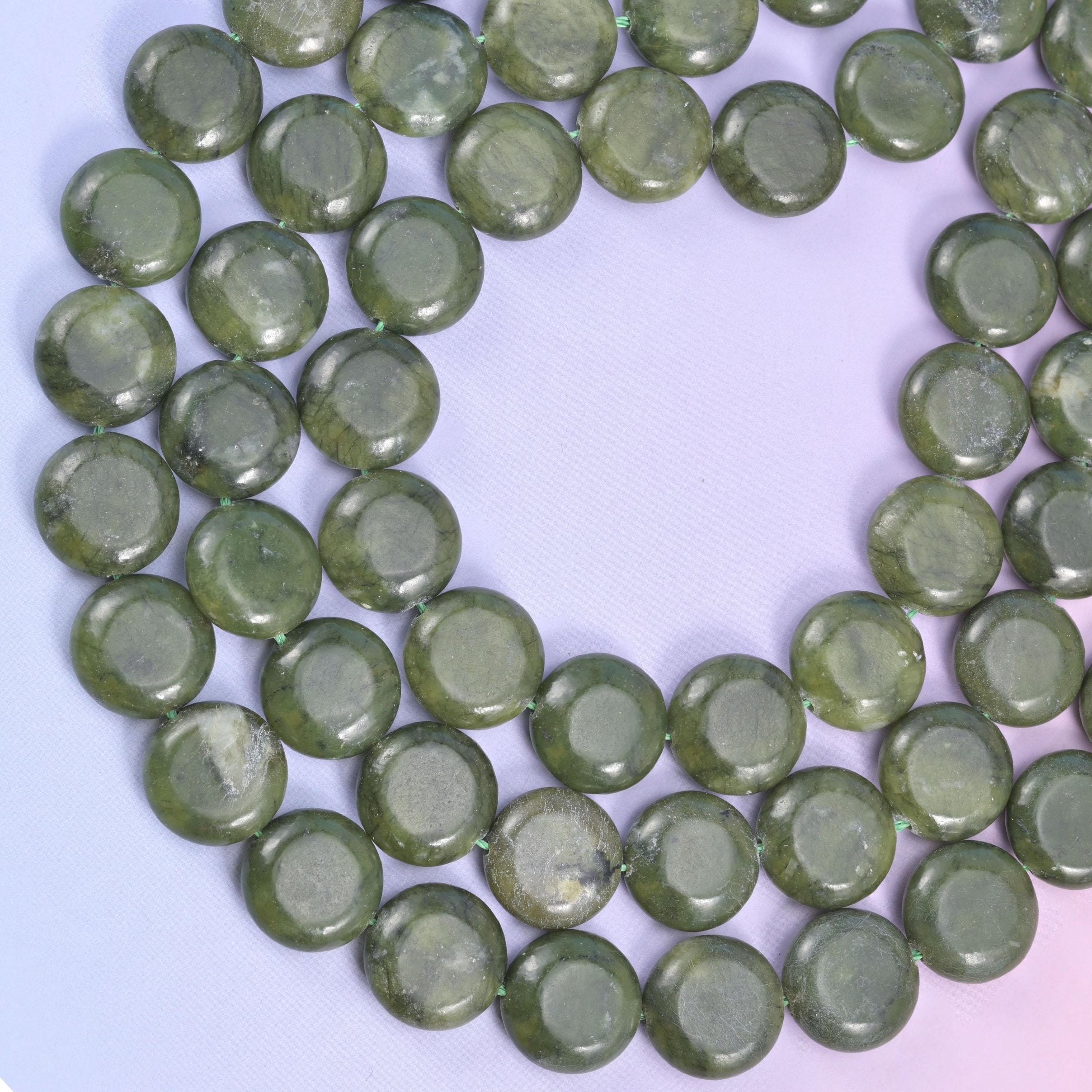 South Green Jade coin beads, approximately 26 beads per strand