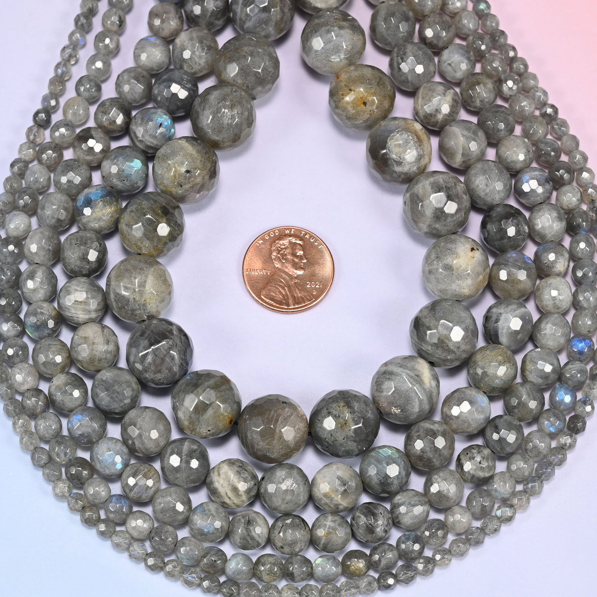 Gray Labradorite faceted round beads in a teardrop loop, sold per 15 inch strand